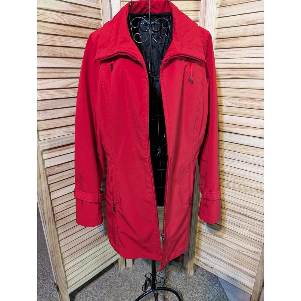 Kristen Blake Coat Womens XL Red Softshell Zip Pockets Belted Back Mid Length